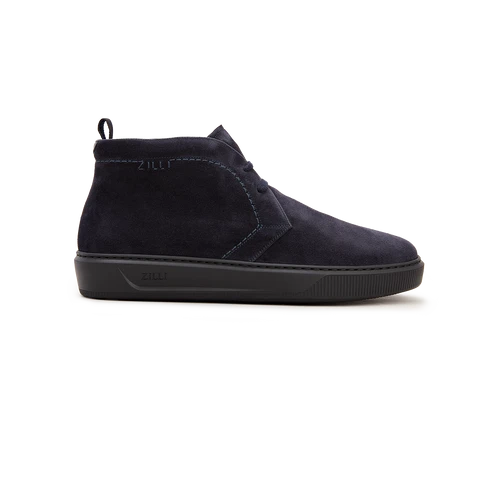 Derbies Hautes En Veau Velours Bleu Marine Foncé, Détails En Peau De Veau 1 Derbies Hautes En Veau Velours Bleu Marine Foncé, Détails En Peau De Veau