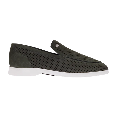 Loafers Vert Olive En Veau Velours Perforé Et Veau Velours Souple 1 Loafers Vert Olive En Veau Velours Perforé Et Veau Velours Souple