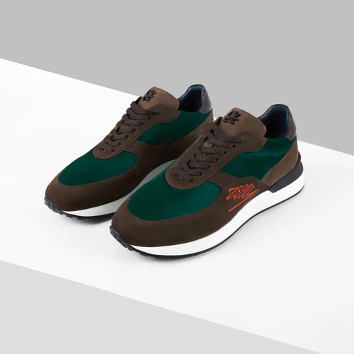 Sneakers Run Marron Et Vert Pin En Veau Velours, Veau Façon Poulain Et Veau Lisse 2 Sneakers Run Marron Et Vert Pin En Veau Velours, Veau Façon Poulain Et Veau Lisse – Image 2