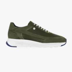 Sneakers Run Vert Olive En Cerf, Veau Velours Et Veau