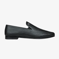 Loafers Noirs En Veau Souple Embossé, Effet Cuir Tressé