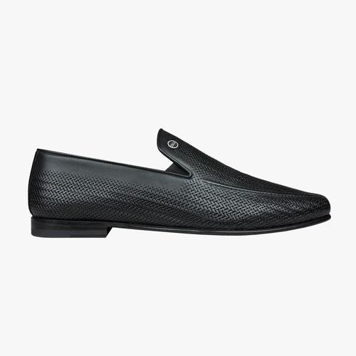 Loafers Noirs En Veau Souple Embossé, Effet Cuir Tressé 1 Loafers Noirs En Veau Souple Embossé, Effet Cuir Tressé