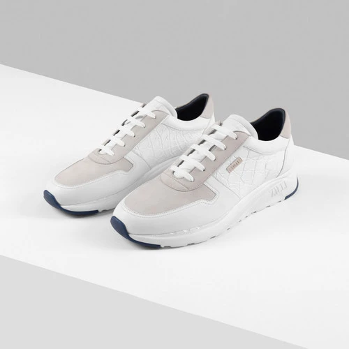 Sneakers Run Blanc Et Gris Perle En Veau, Veau Velours Et Crocodile 2 Sneakers Run Blanc Et Gris Perle En Veau, Veau Velours Et Crocodile – Image 2